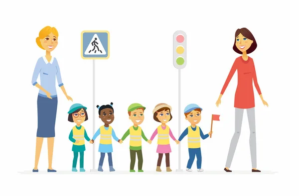 Kindergärtnerin zeigt Verkehrsregeln - Zeichentrickfiguren isolierte Illustration — Stockvektor