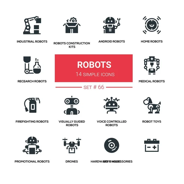 Robots - lijn silhouet pictogrammen ontwerpset — Stockvector