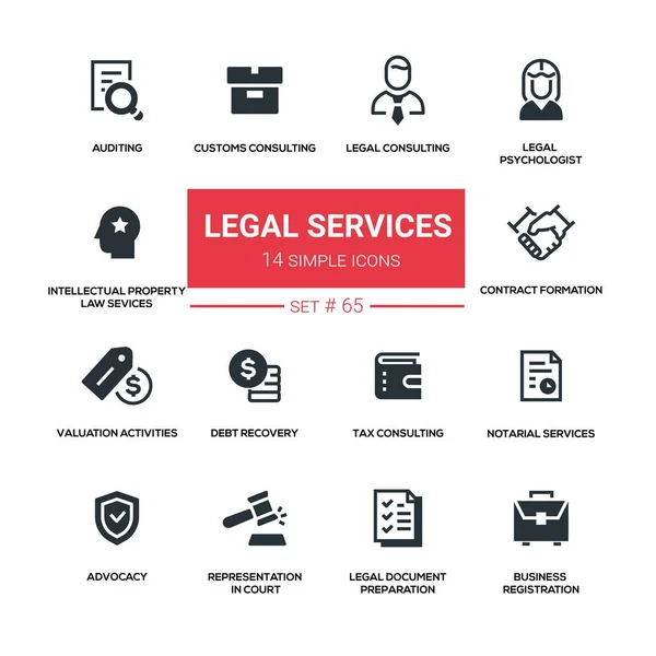 Serviços jurídicos - conjunto de ícones de silhueta de design de linha — Vetor de Stock