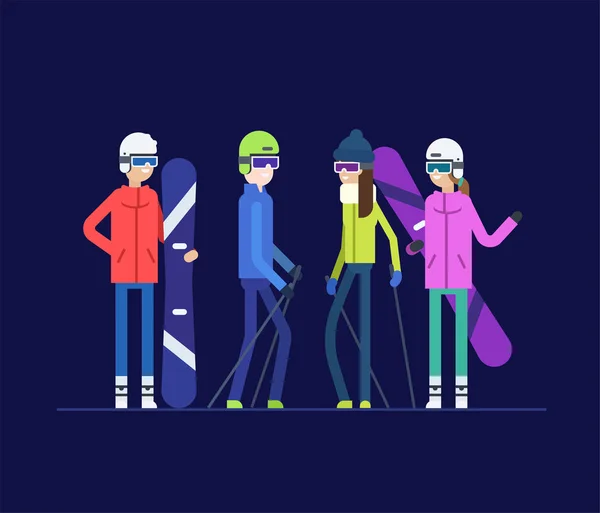 Φίλοι πηγαίνει σνόουμπορντ και σκι - μοντέρνα επίπεδη σχεδίαση στυλ εικονογράφηση — Διανυσματικό Αρχείο