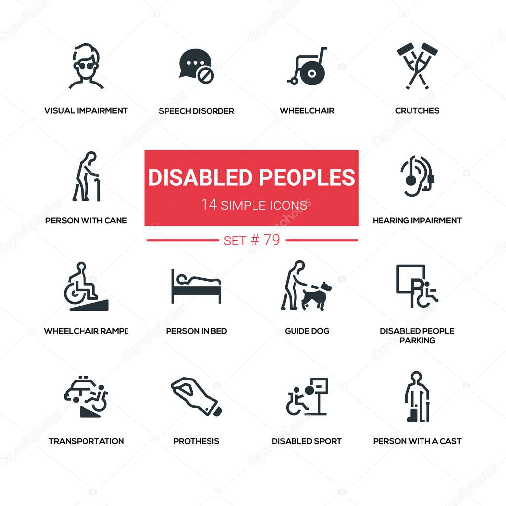 Disabled people - line design silhouette icons set
