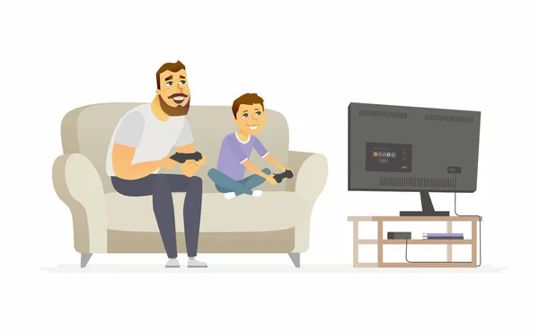 Father and son playing video games - cartoon people characters illustration — Stock Vector