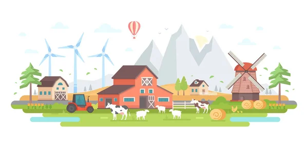 Farm by the mountains - modern flat design style vector illustration — Stock Vector