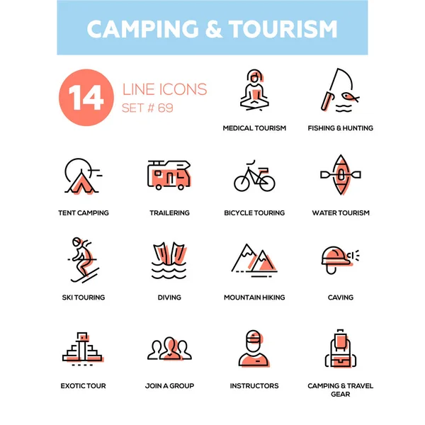 Camping och turism - line designikoner anger — Stock vektor