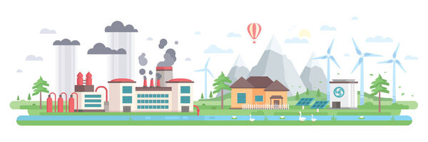 Загрязнение воздуха и воды - векторная иллюстрация в современном плоском стиле
