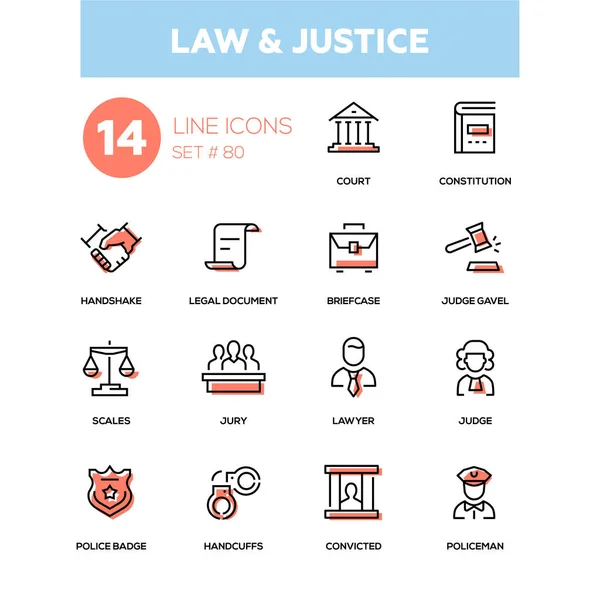 Ley y justicia - conjunto de iconos de diseño de línea — Vector de stock