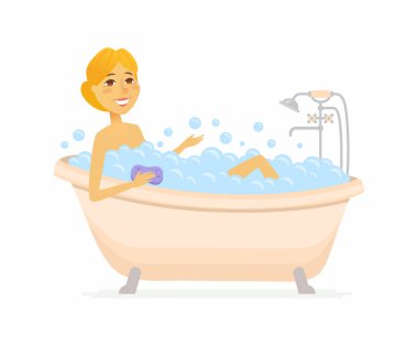 Genç kadın banyoda - karikatür insanlar izole karakter çizimi