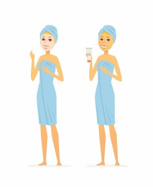 Yüz maskesi - karikatür insanlar izole karakter illüstrasyon kullanan genç kadın