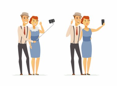 Bir çift yapmak selfie - çizgi film insanlar izole illüstrasyon karakter.