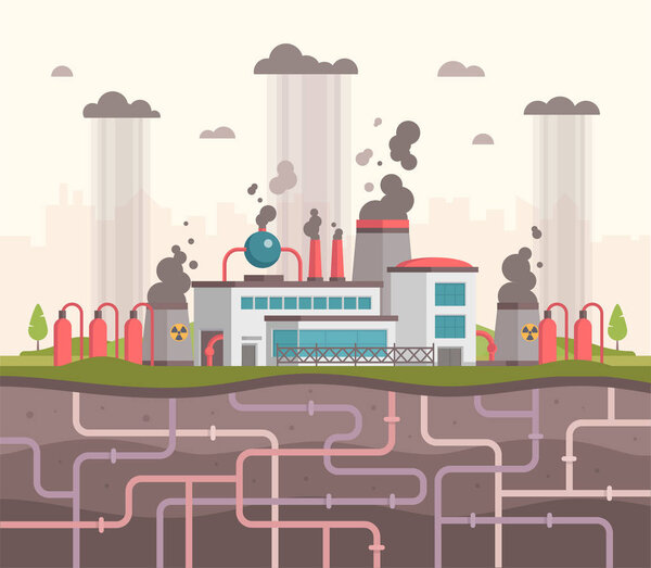 Завод с подземными трубами - векторная иллюстрация в современном плоском дизайне

