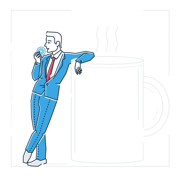 Businessman on a coffee break - line design style isolated illustration — Stock Vector