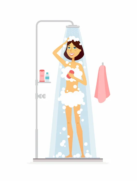 Mujer joven tomando una ducha - personajes de dibujos animados ilustración aislada — Vector de stock