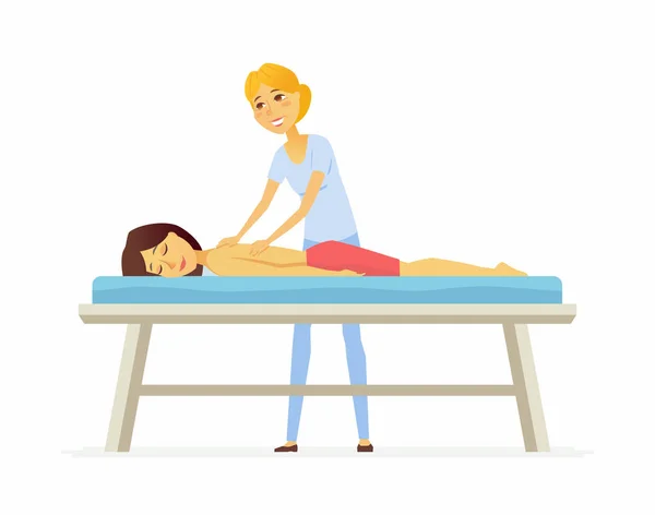 Junge Frau auf einer Massage-Sitzung - Zeichentrickfigur isolierte Illustration — Stockvektor