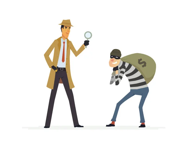 Bir hırsız - çizgi film insanların karakterleri çizimde yakalamak Dedektif — Stok Vektör