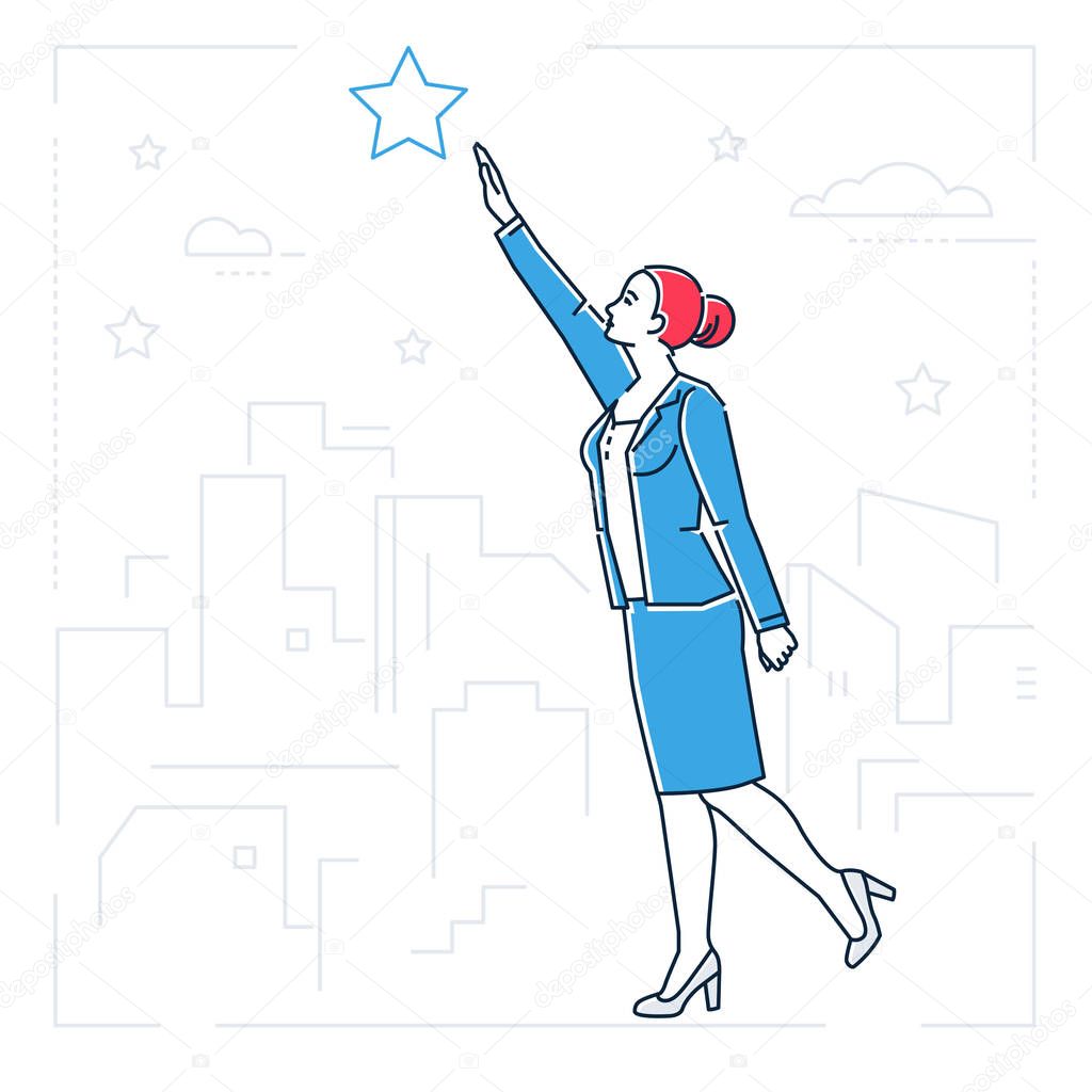 Businesswoman reaching out the star - line design style isolated illustration