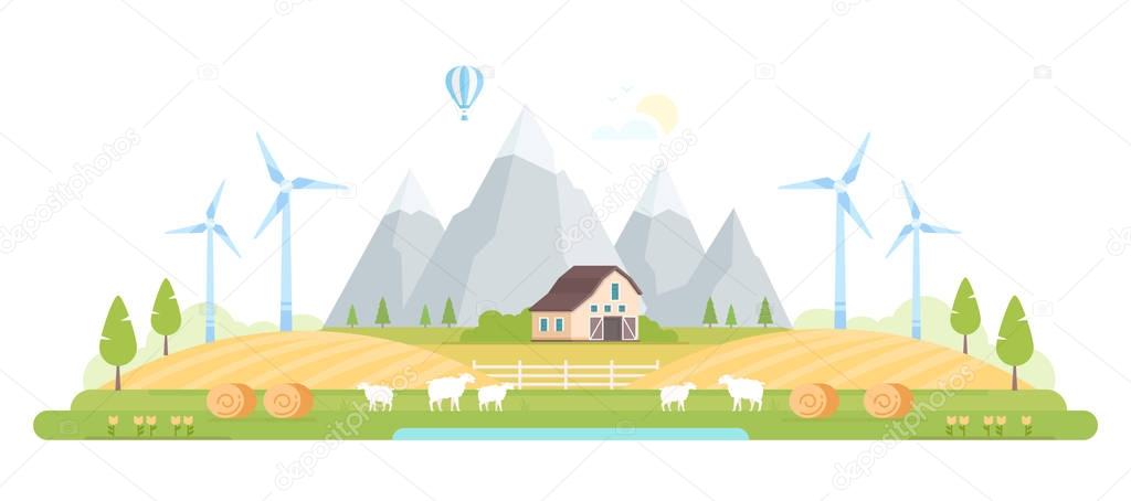 Village by the mountains - modern flat design style vector illustration