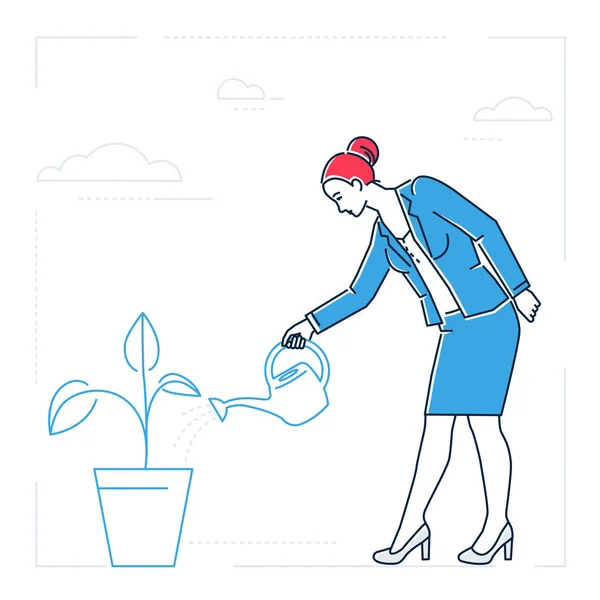 Empresária regando a planta - ilustração isolada de estilo de design de linha — Vetor de Stock