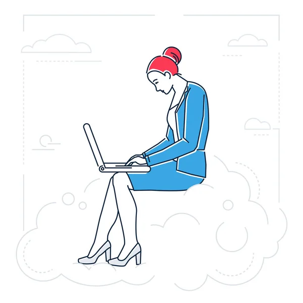 Деловая женщина с ноутбуком - стиль линии дизайна изолированные иллюстрации — стоковый вектор