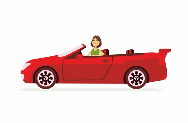 Junge Frau am Steuer eines Autos - Zeichentrickfigur isolierte Illustration — Stockvektor