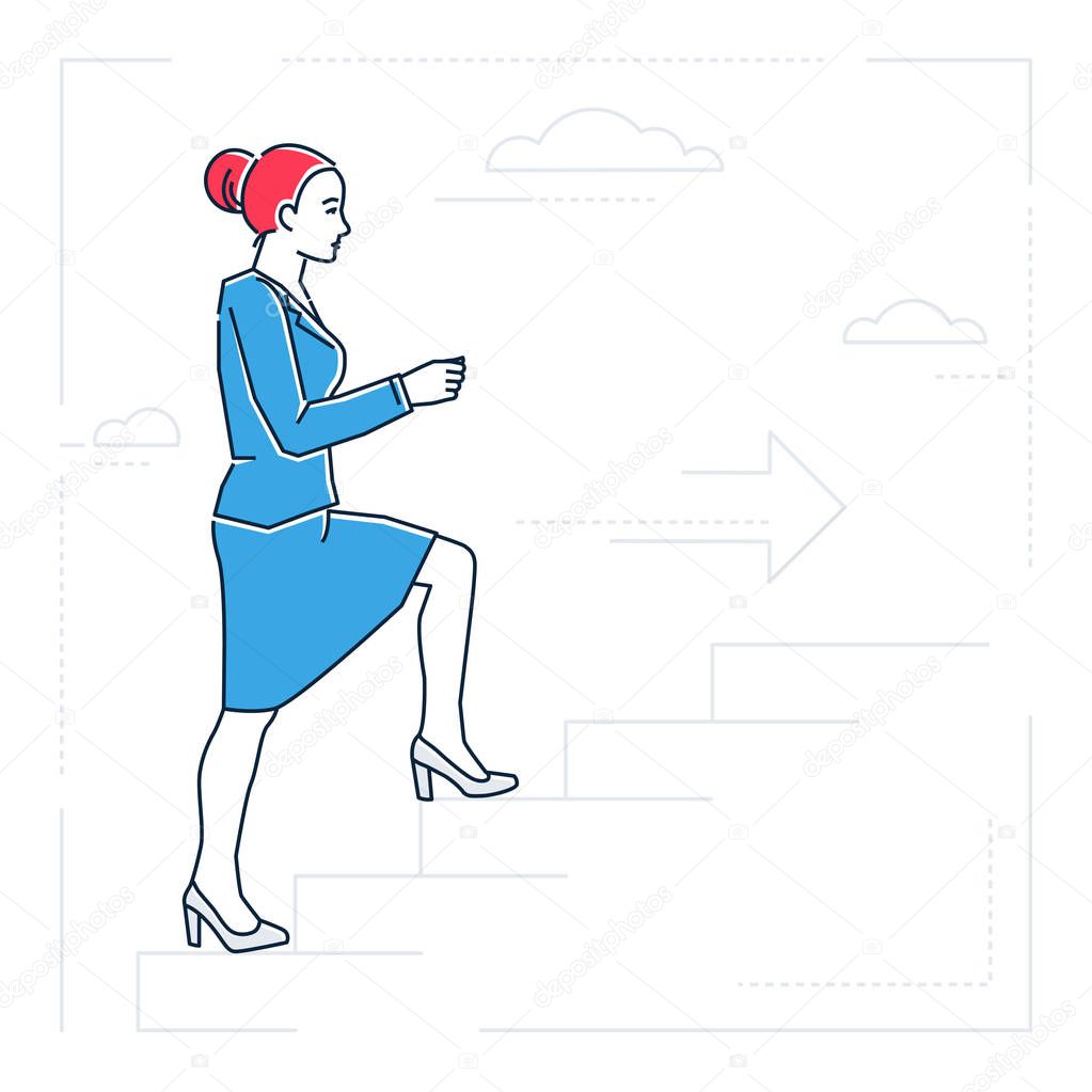 Businesswoman climbing a ladder - line design style isolated illustration