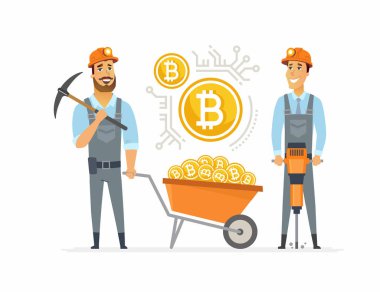 Bitcoin madenciler - karikatür insanlar izole illüstrasyon karakter.