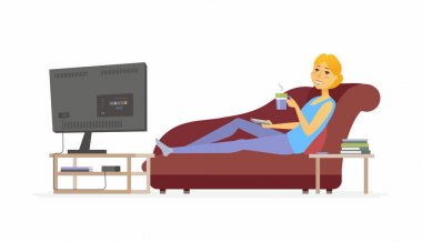 Kadın izlerken Tv - çizgi film insanlar izole illüstrasyon karakter.