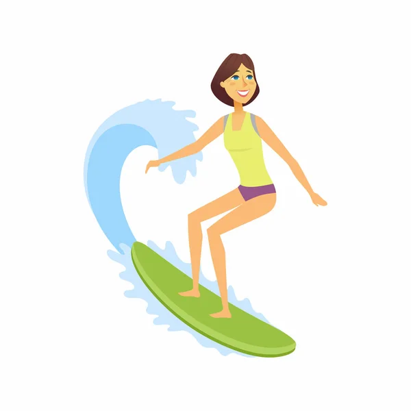 Mujer surfista montando la ola - personajes de dibujos animados ilustración aislada — Vector de stock