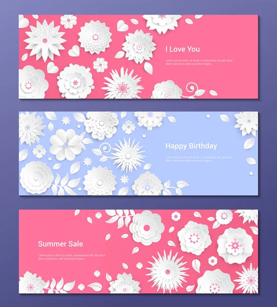 Paper cut flowers - set of modern colorful vector posters — Stock Vector