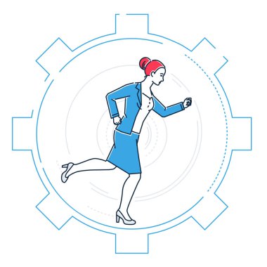Bir dişli - çizgi stil tasarlamak çalıştıran iş kadını