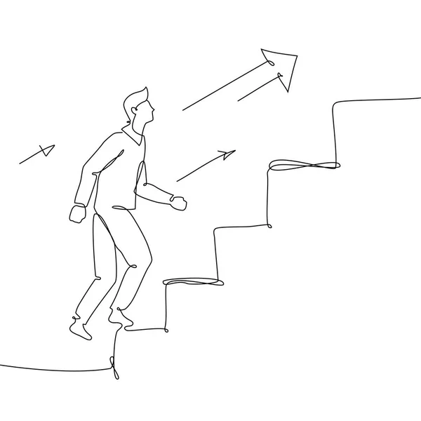 Бизнесмен поднимается по лестнице - иллюстрация в стиле одной линии — стоковый вектор