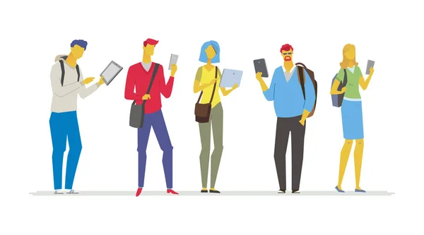 Étudiants avec gadgets - illustration colorée de style design plat — Image vectorielle