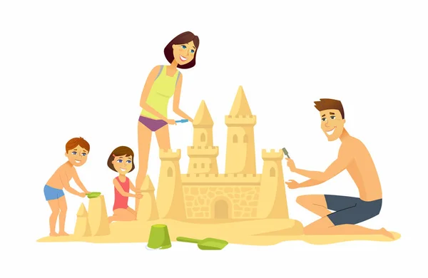 Счастливые дети на пляже - иллюстрация персонажей мультфильмов — стоковый вектор