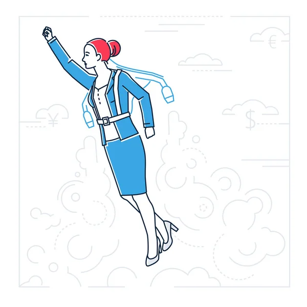Femme d'affaires volant avec un jetpack illustration de style de conception de ligne — Image vectorielle