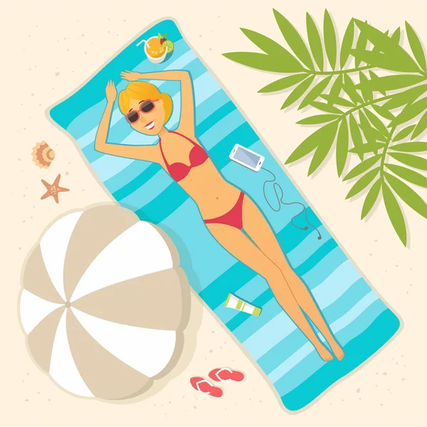 Menina deitada na praia - desenho animado pessoas personagem ilustração — Vetor de Stock