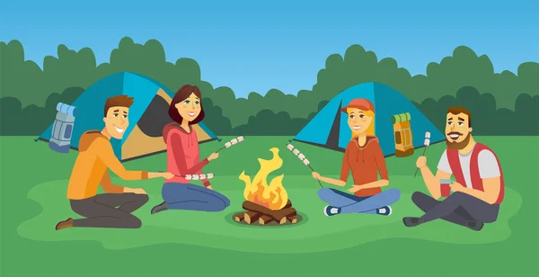 Amis sur un camp - illustration de personnages de dessins animés — Image vectorielle