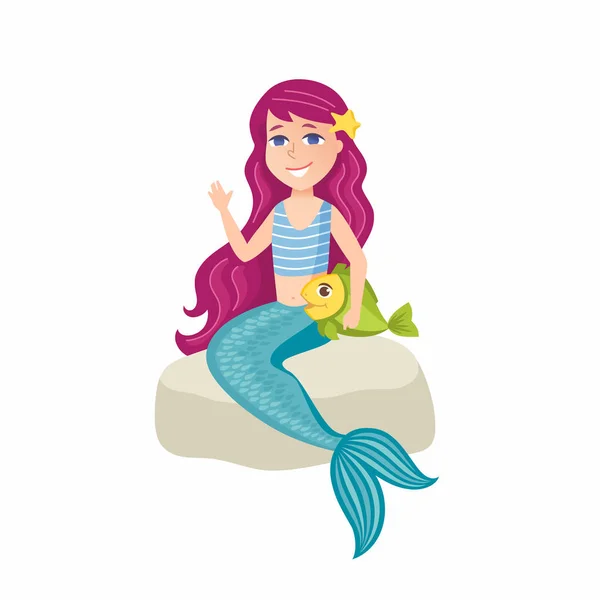Beautiful little mermaid - cartoon people character isolated illustration — Stock Vector