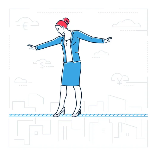 Geschäftsfrau zu Fuß auf einer Drahtlinie Design-Stil isolierte Illustration — Stockvektor