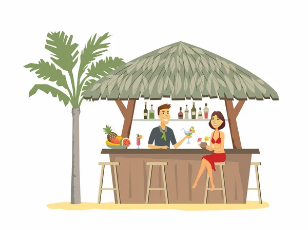 Mujer en el bar de la playa - personajes de dibujos animados ilustración aislada — Vector de stock