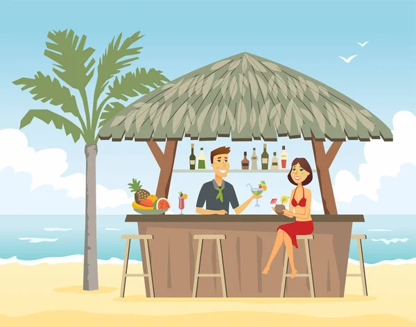 Mujer en el bar de la playa - ilustración de personajes de dibujos animados — Vector de stock