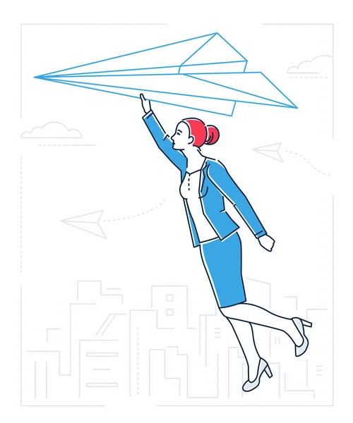 Деловая женщина, летающая на бумажном самолете - рисунок в стиле линии дизайна — стоковый вектор