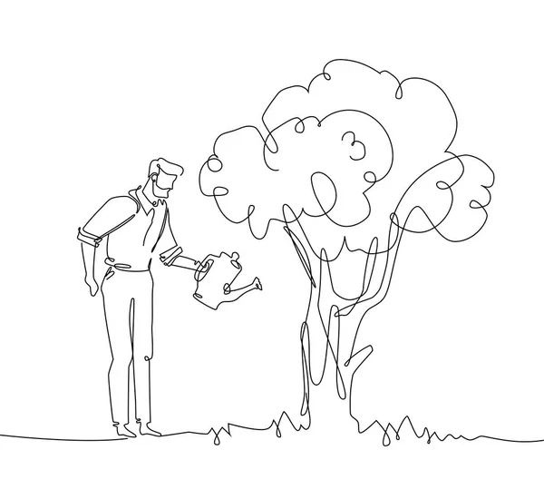 나무-하나의 연속 라인 디자인 스타일 그림을 급수 하는 남자 — 스톡 벡터
