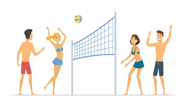 Пляжный волейбол - мультяшные люди персонаж изолированной иллюстрации — стоковый вектор