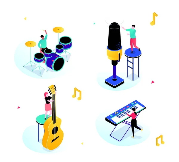 Fiesta de música - escenas isométricas modernas con personajes — Vector de stock