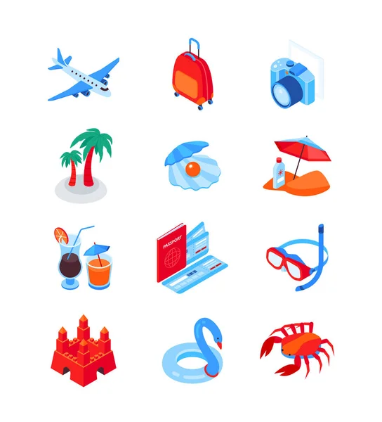 Praia de férias e viagens - conjunto de ícones isométricos modernos — Vetor de Stock