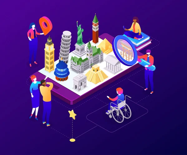 Traveling mobile app - colorful isometric vector illustration — Stok Vektör