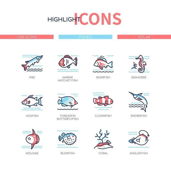 Espécies de peixe - conjunto de ícones de estilo de design de linha moderna — Vetor de Stock