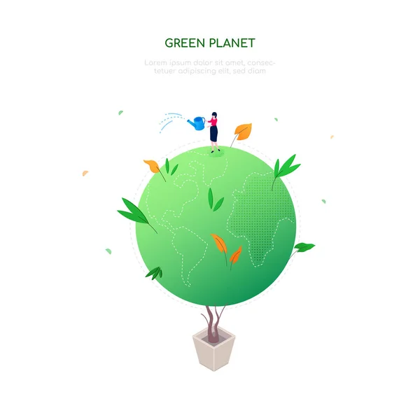 Planeta verde - moderno banner web isométrico colorido — Vector de stock