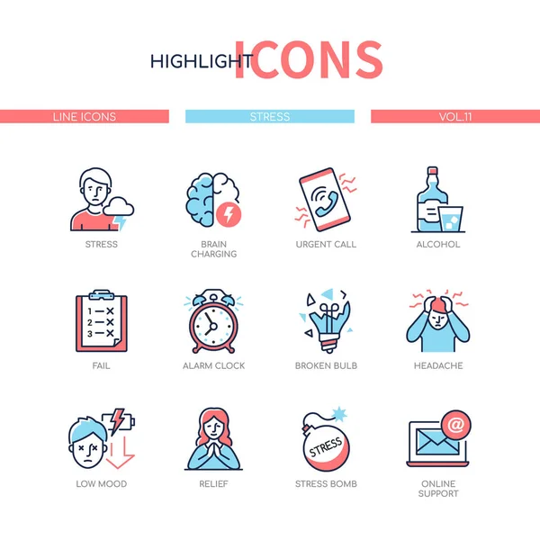Stress and psychological problems - line design style icons set — Stock Vector