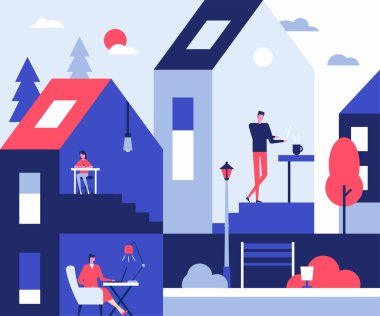 Evde kal - düz tasarım çizimi