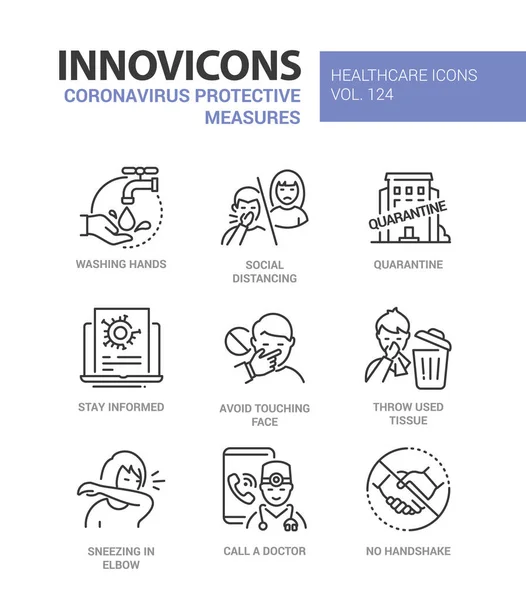 Coronavirus protective measures - line design style icons - Stok Vektor